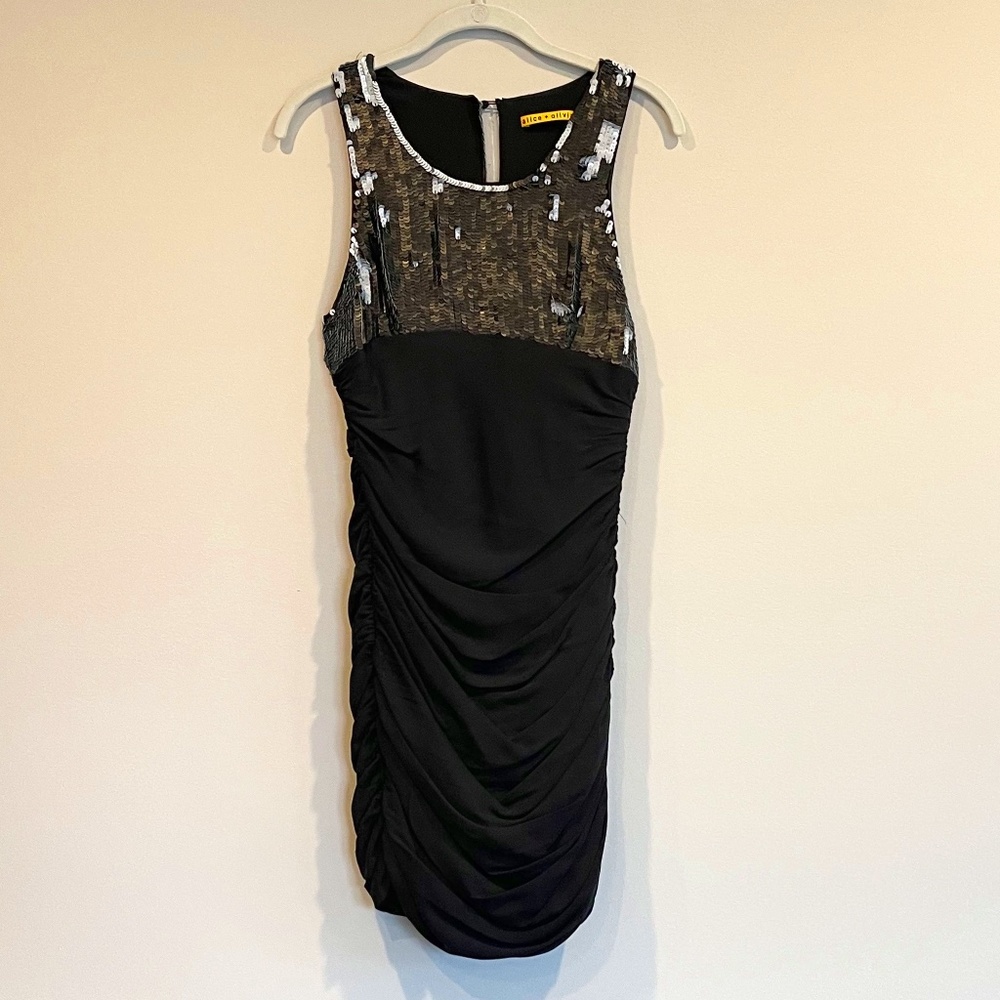 Alice+Olivia Silk Ruched Sequined Top Cocktail Dress Sz 2